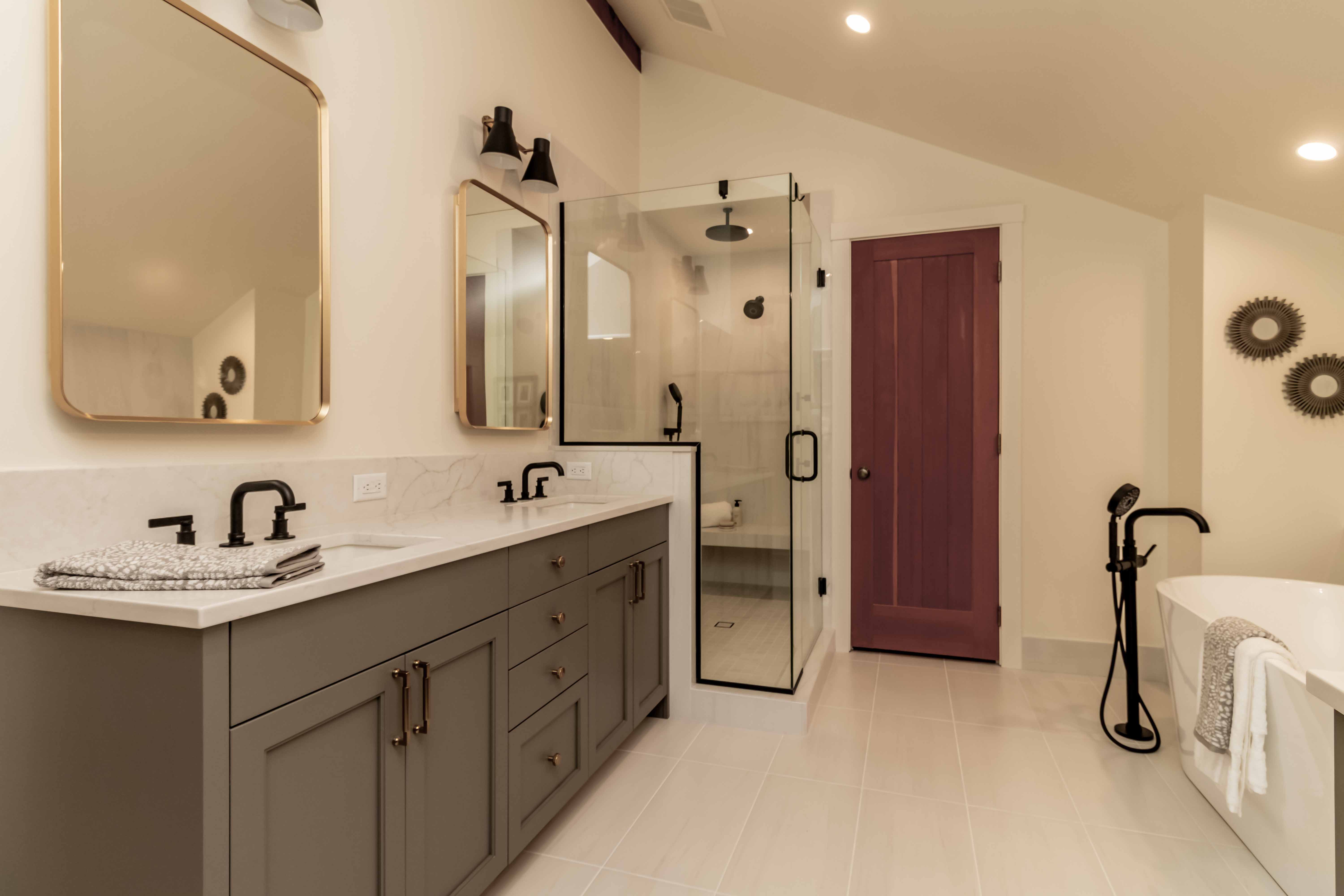Owner's bath with double vanity, glass shower, and freestanding tub, Beaver Lake