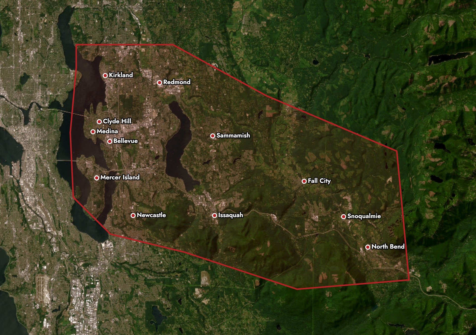 Schock Construction service area map — the Eastside of Lake Washington