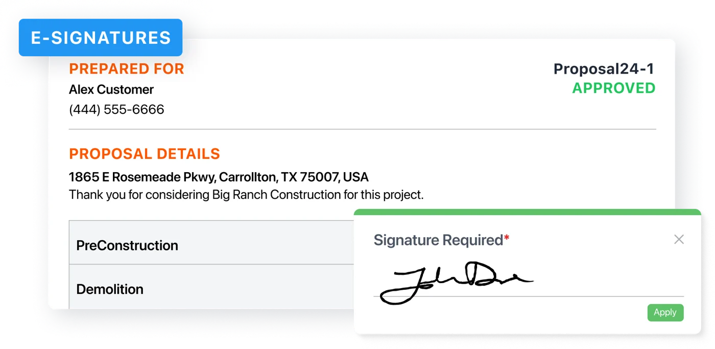 JobTread client portal proposal with an e-signature box