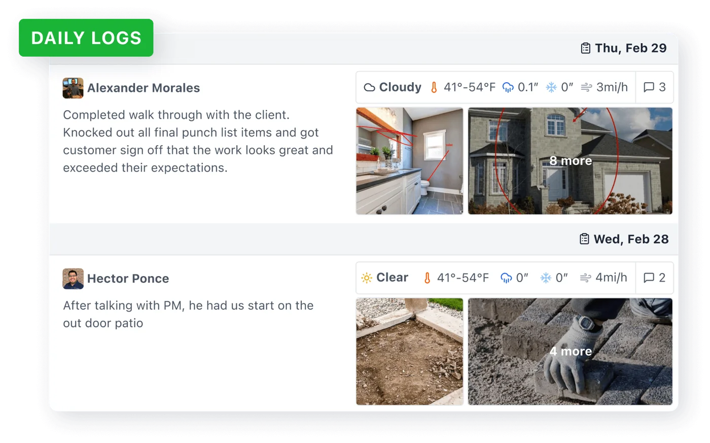 JobTread client portal daily logs with crew notes and site photos