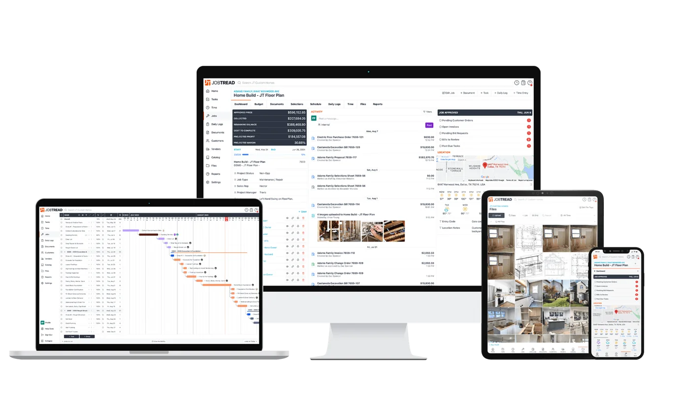 JobTread client portal shown on a desktop, laptop, tablet and phone