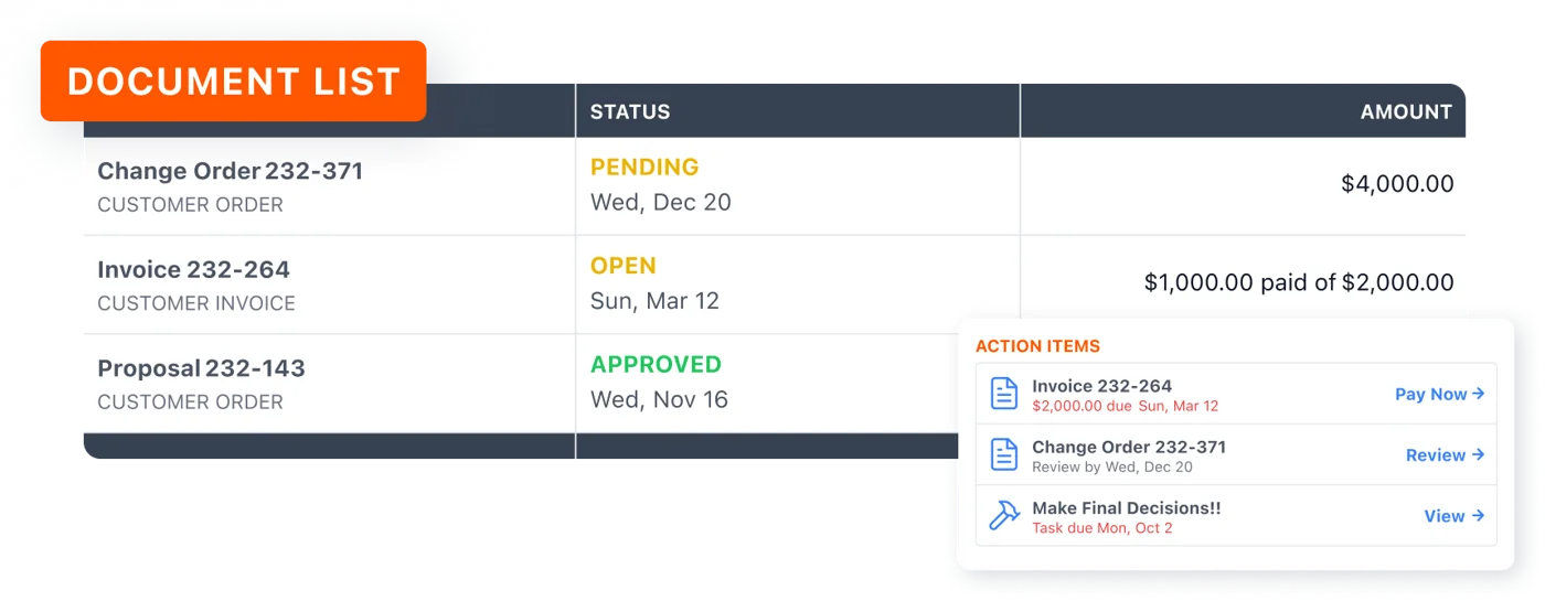 JobTread client portal document list showing a change order, invoice and proposal