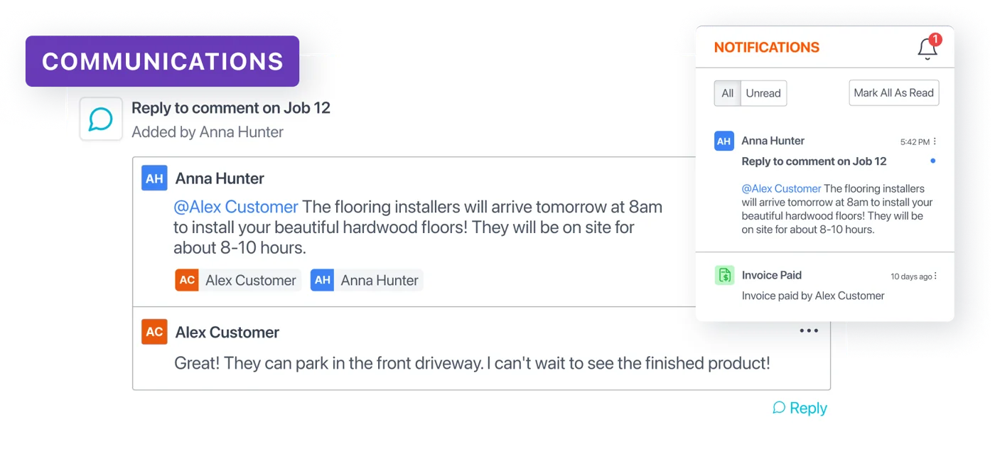 JobTread client portal message thread between the builder and homeowner