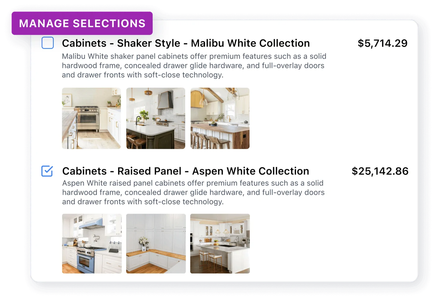 JobTread client portal selections page comparing two cabinet options